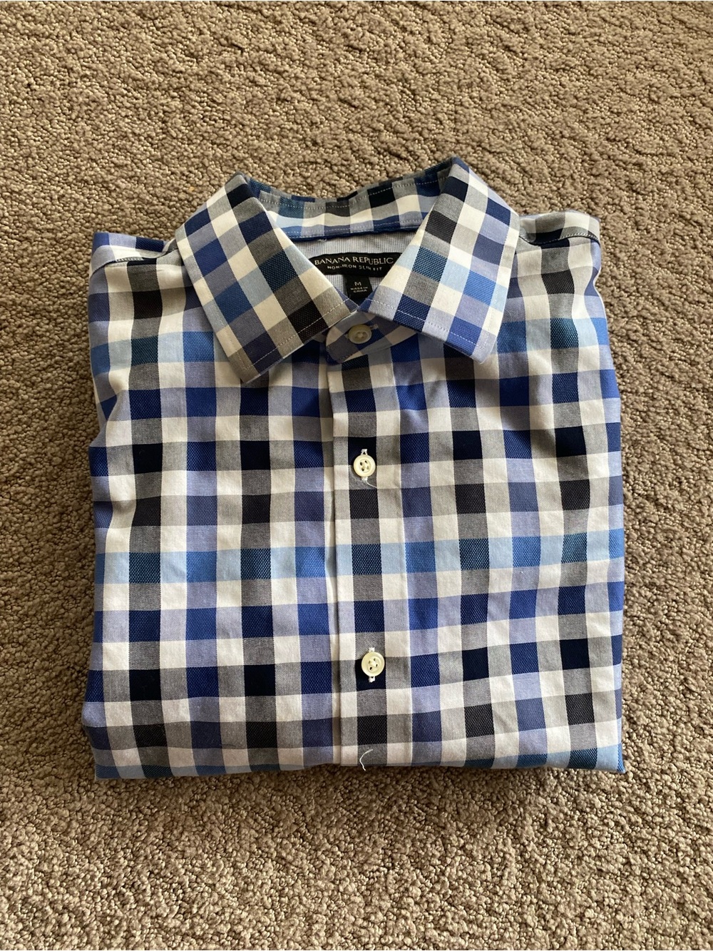 Banana Republic Men’s Non Iron Slim Fit Blue and Black Checked Button-Down Shirt